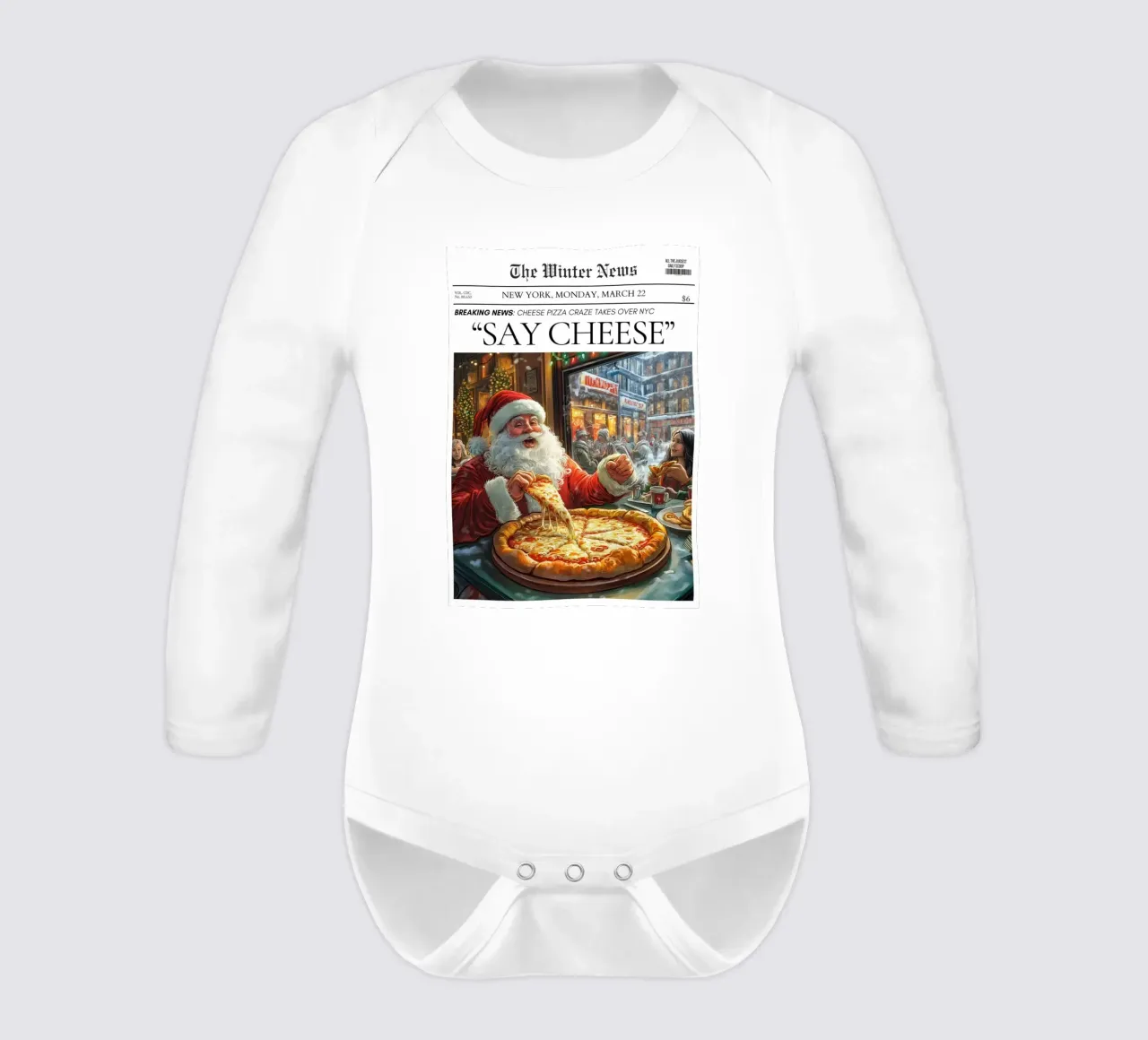 Santa's NYC Pizza: Cream Cheese Craze News Art long-sleeve baby romper by ClubArt