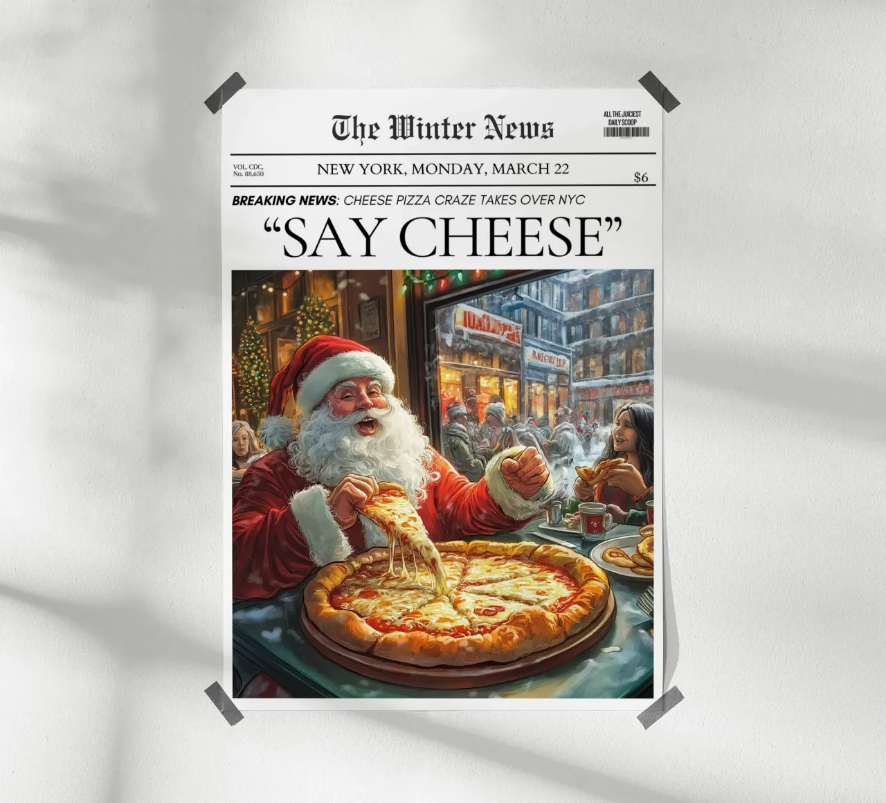 La pizza di Babbo Natale a New York: Crema di Formaggio: Notizie d'arte poster con telaio in plastica da ClubArt