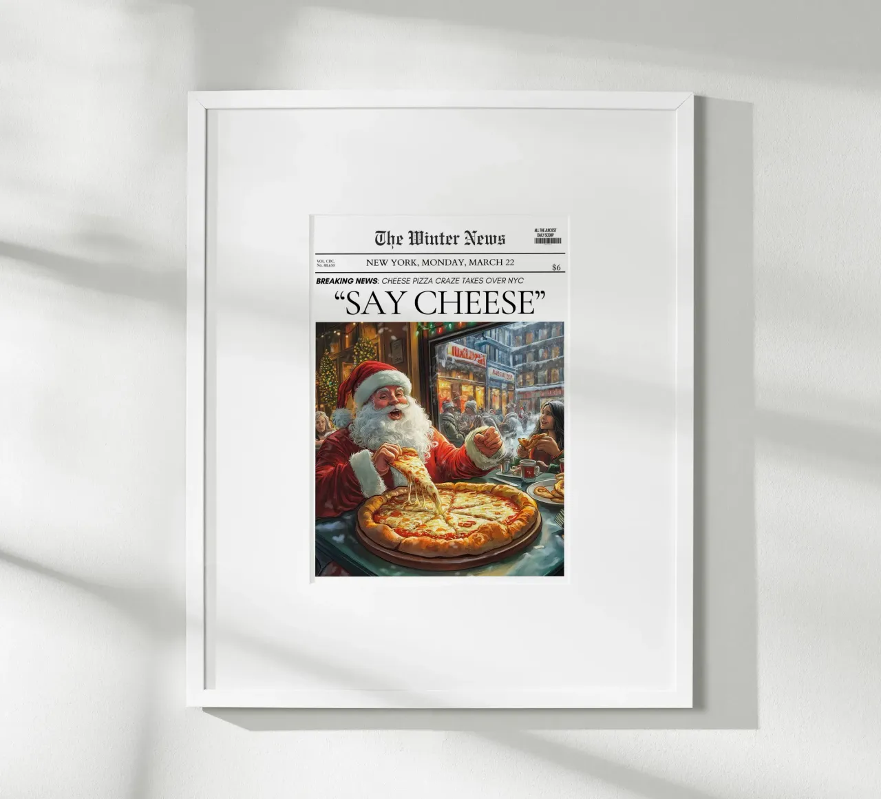 La pizza di Babbo Natale a New York: Crema di Formaggio: Notizie d'arte poster con telaio in plastica da ClubArt