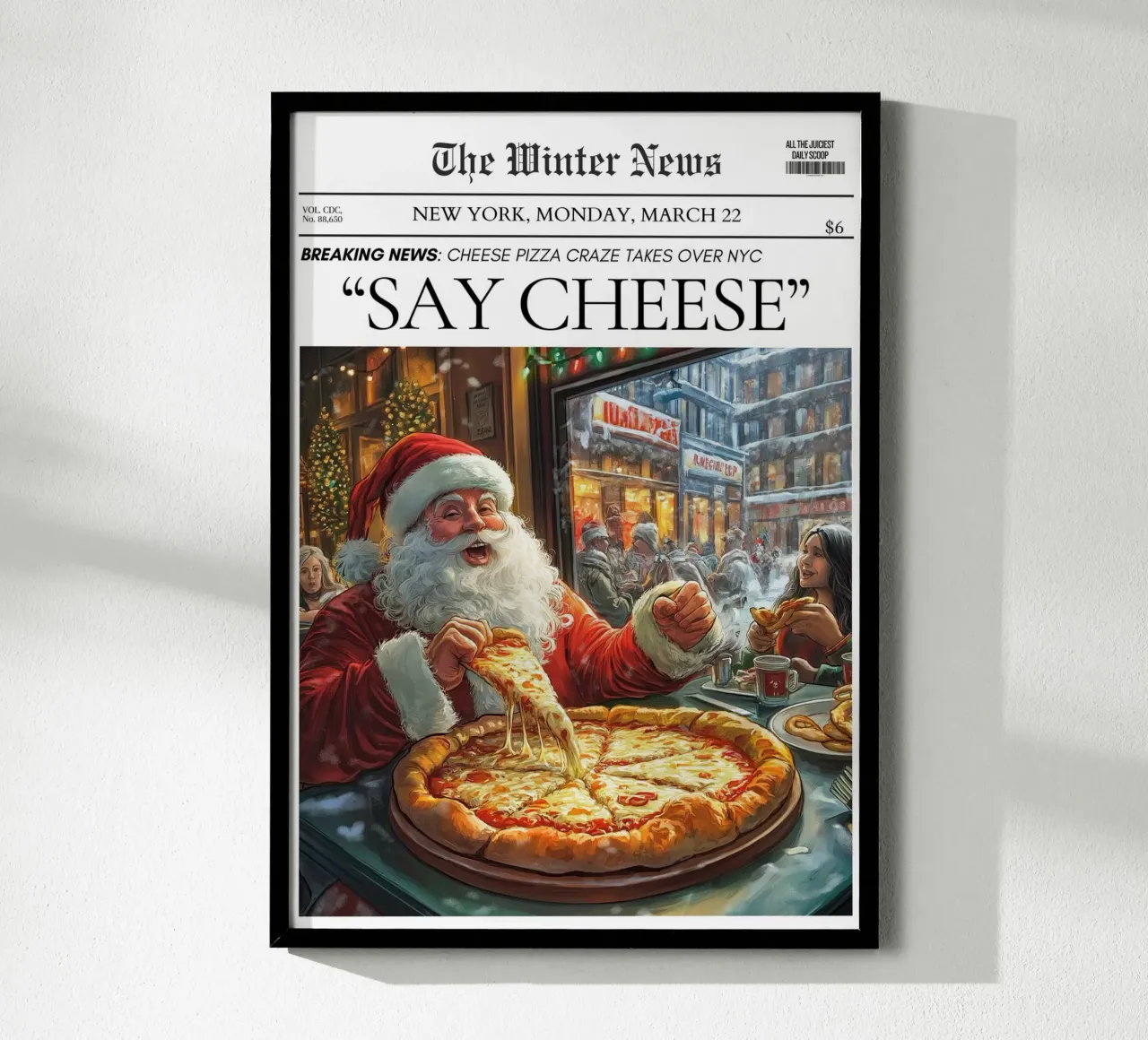 La pizza di Babbo Natale a New York: Crema di Formaggio: Notizie d'arte poster con telaio in plastica da ClubArt