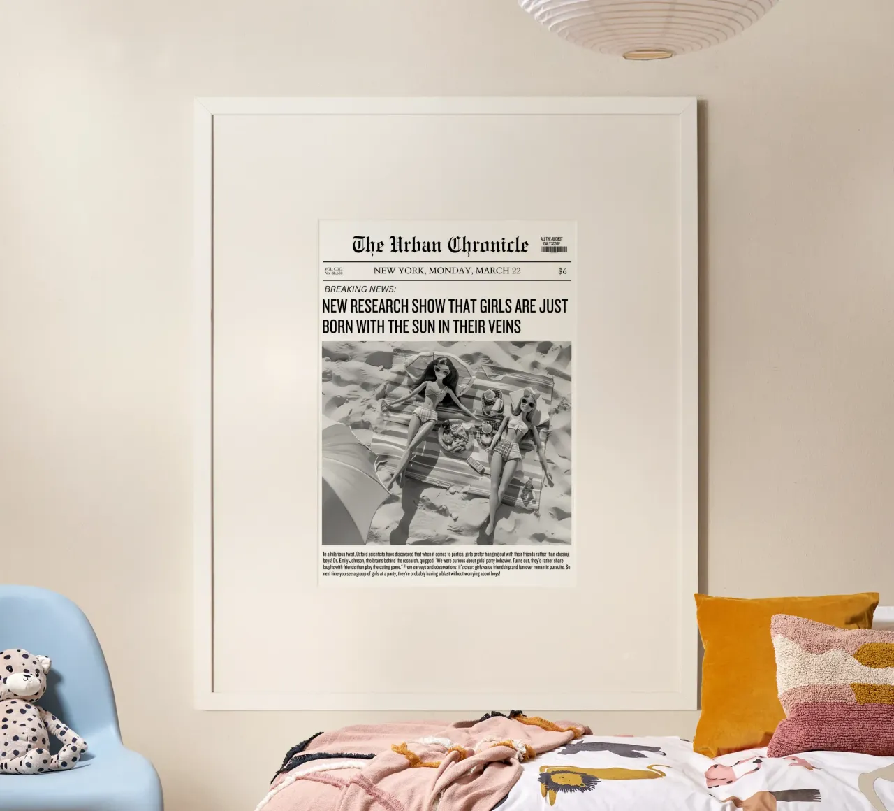 Barbie Beach B&N: Sole nelle vene Stampa Notizie poster con telaio in plastica da homdeco
