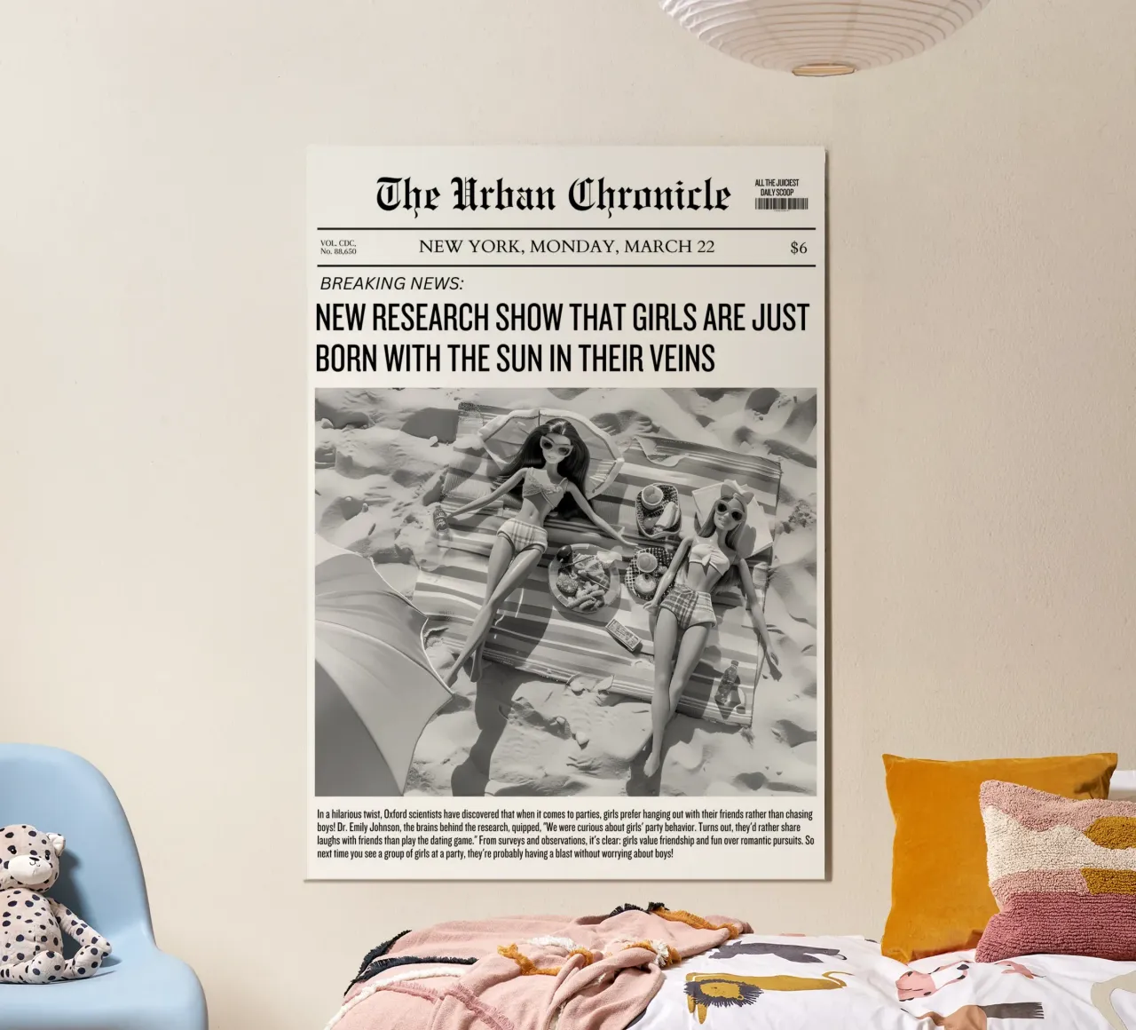 Barbie Beach B&N: Sole nelle vene Stampa Notizie poster con telaio in plastica da homdeco