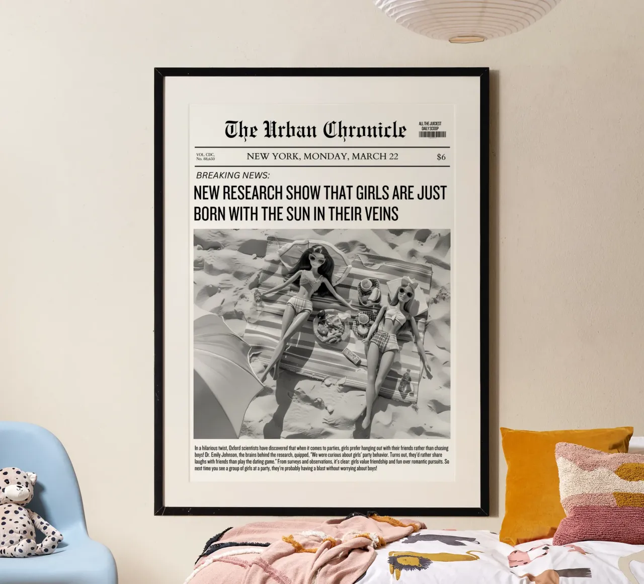 Barbie Beach B&N: Sole nelle vene Stampa Notizie poster con telaio in plastica da homdeco