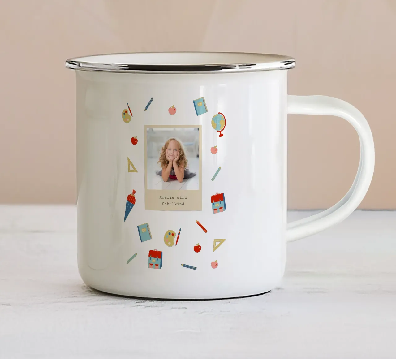 Schulsachen taza de esmalte de Kartenliebe