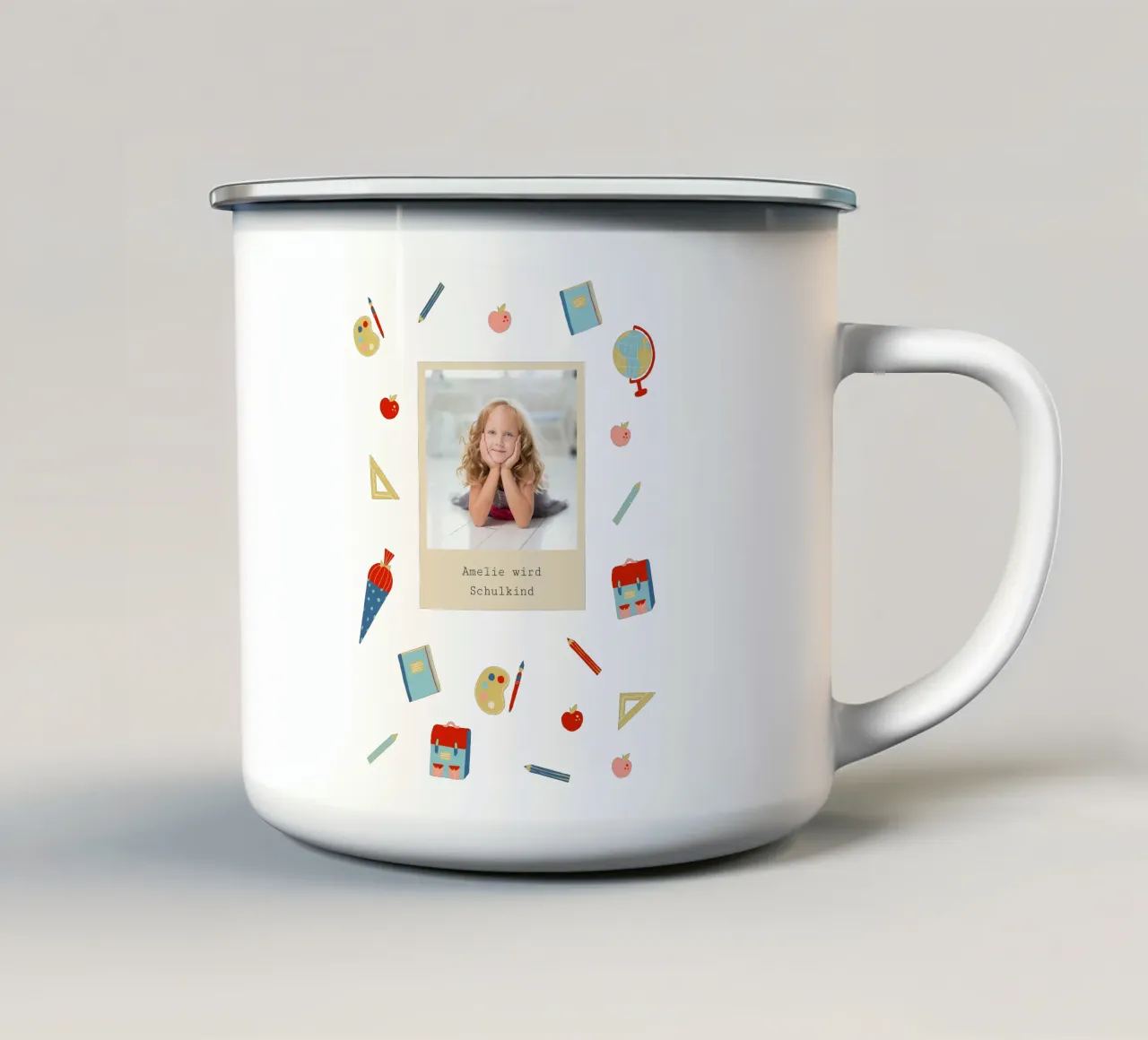 Schulsachen taza de esmalte de Kartenliebe