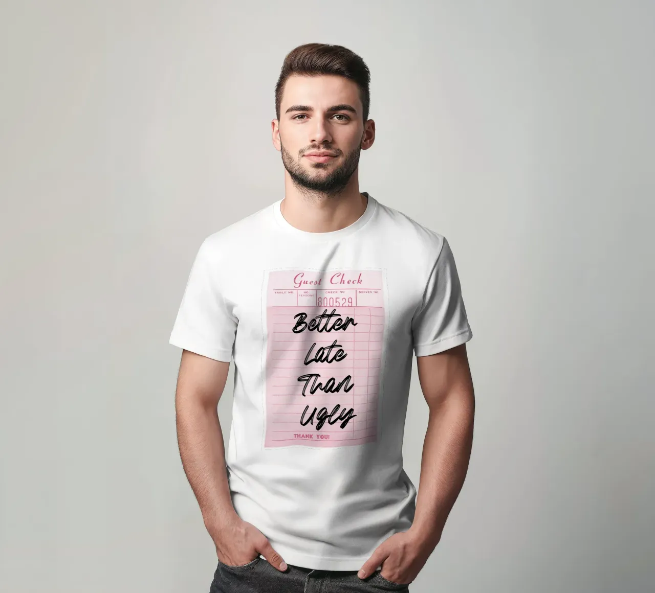 Better Late Than Ugly: Retro Pink Guest Check Art t-shirt by homdeco
