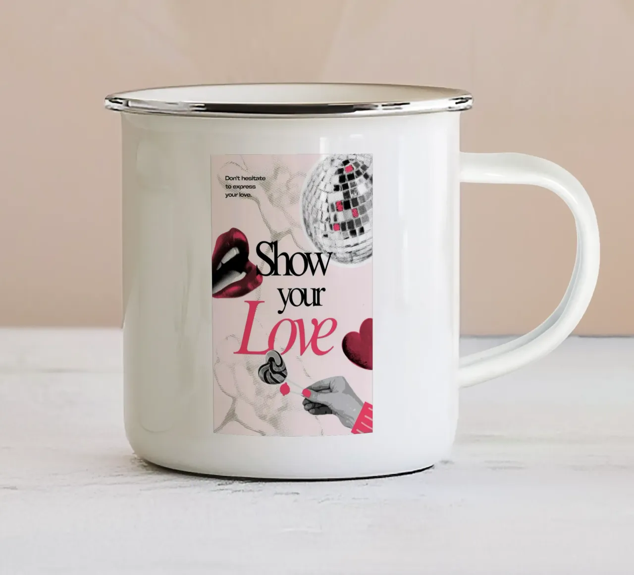 Show Your Love: Retro Pop Art Disco Print enamel mug by homdeco