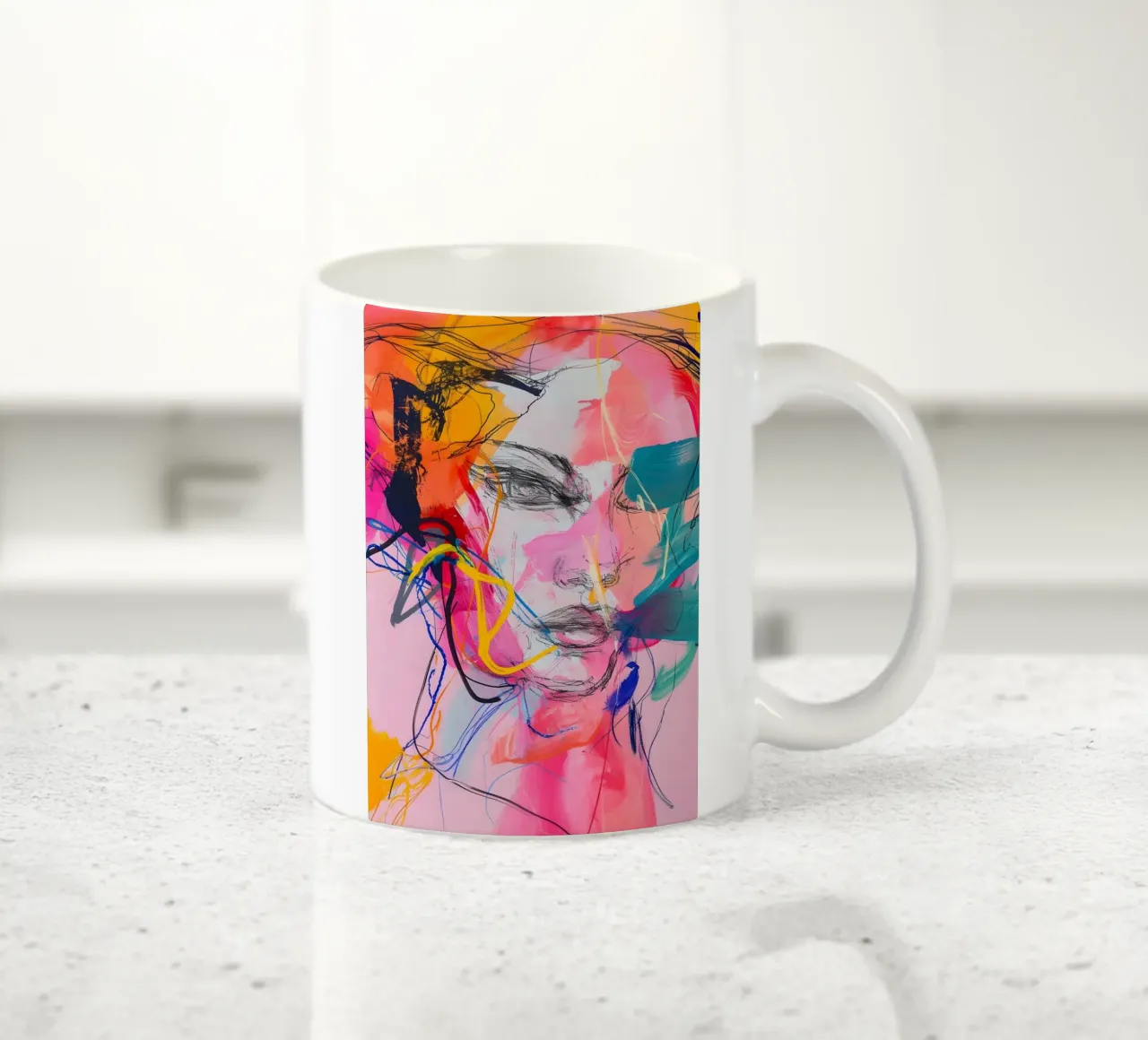 Abstract portret: Levendige expressionistische gezichtskunst keramische mok van homdeco