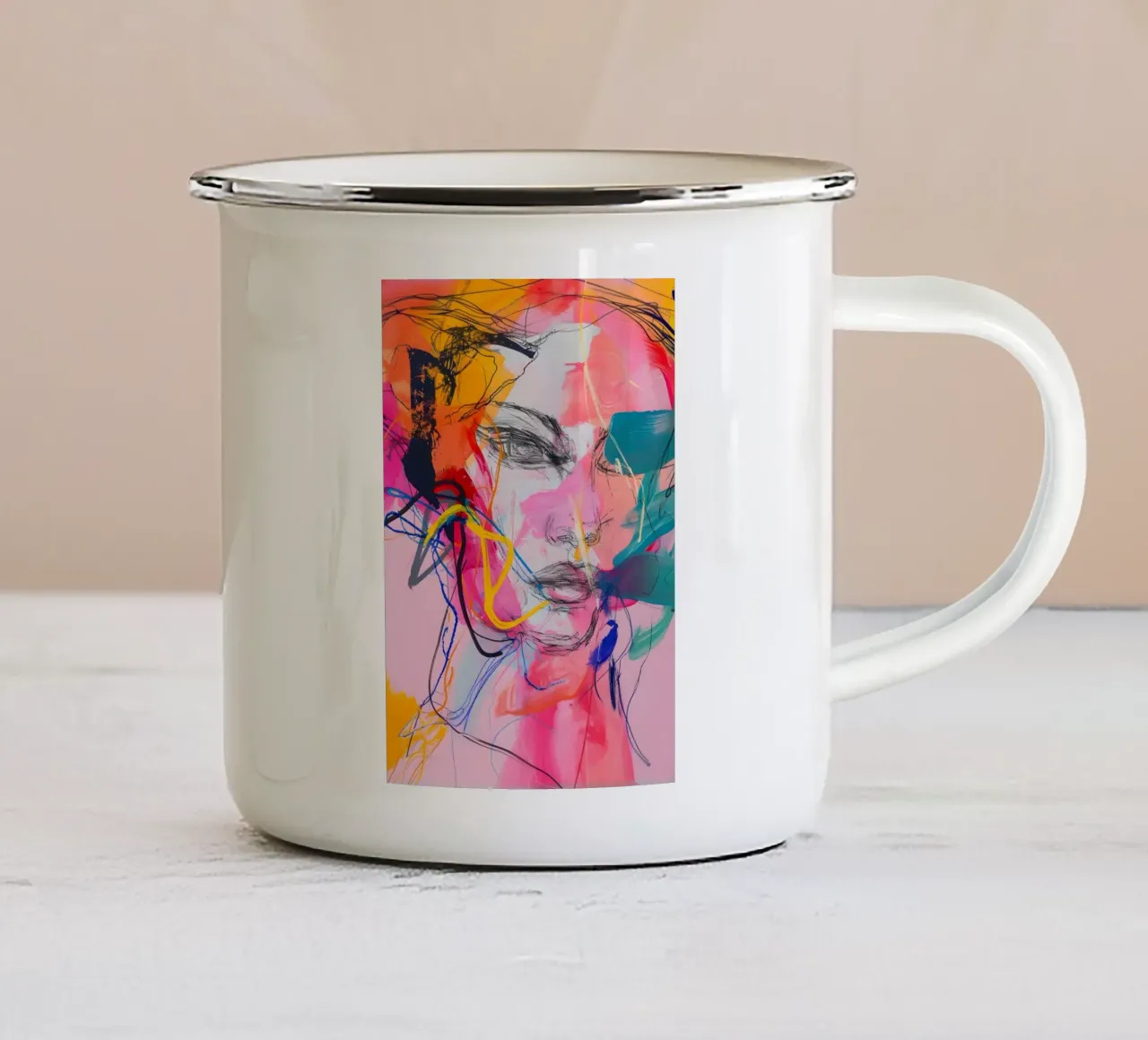 Abstract portret: Levendige expressionistische gezichtskunst emaille mok van homdeco
