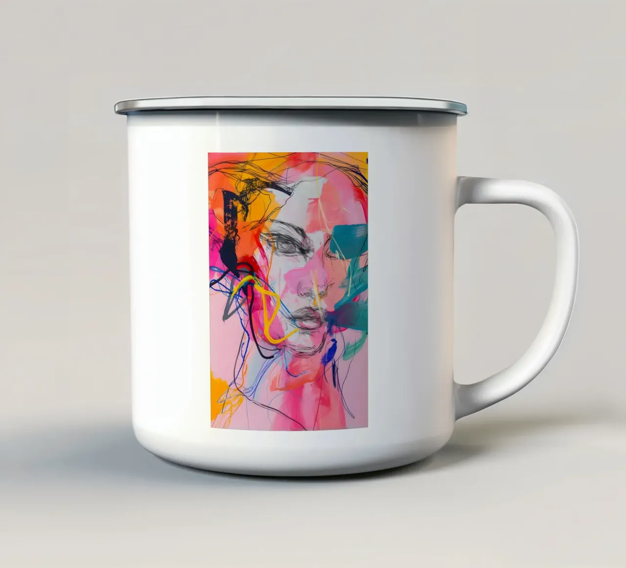 Abstract portret: Levendige expressionistische gezichtskunst emaille mok van homdeco
