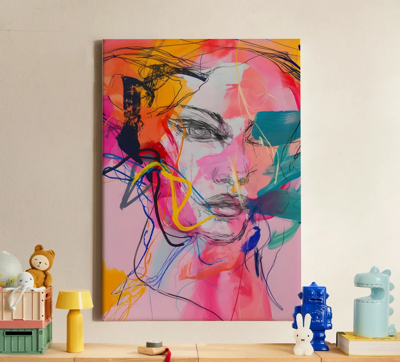 Abstract Portrait: Vibrant Expressionist Face Art canvas by homdeco