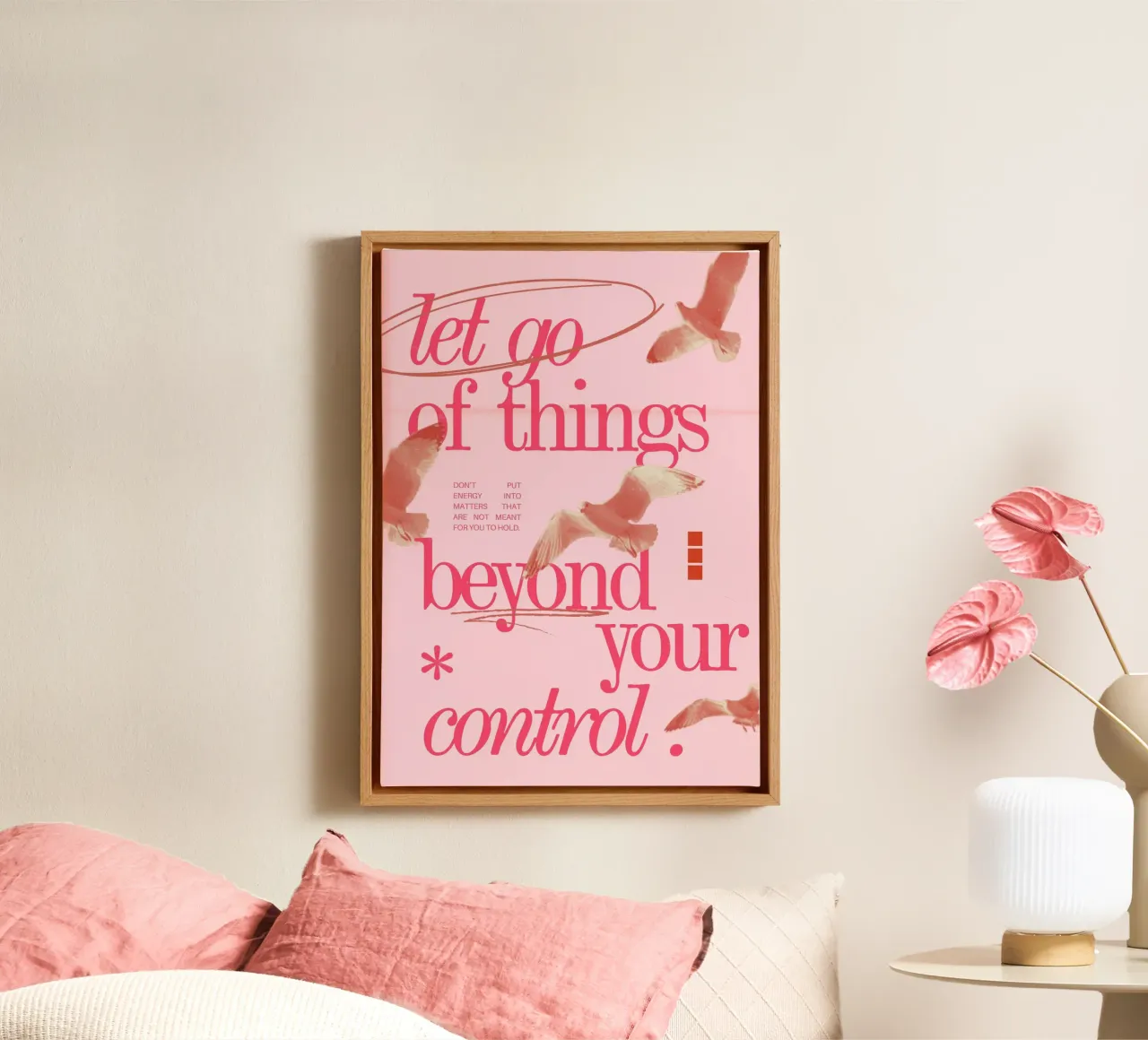 Let Go Control: Minimalist Pink Seagull Art Print canvas by homdeco