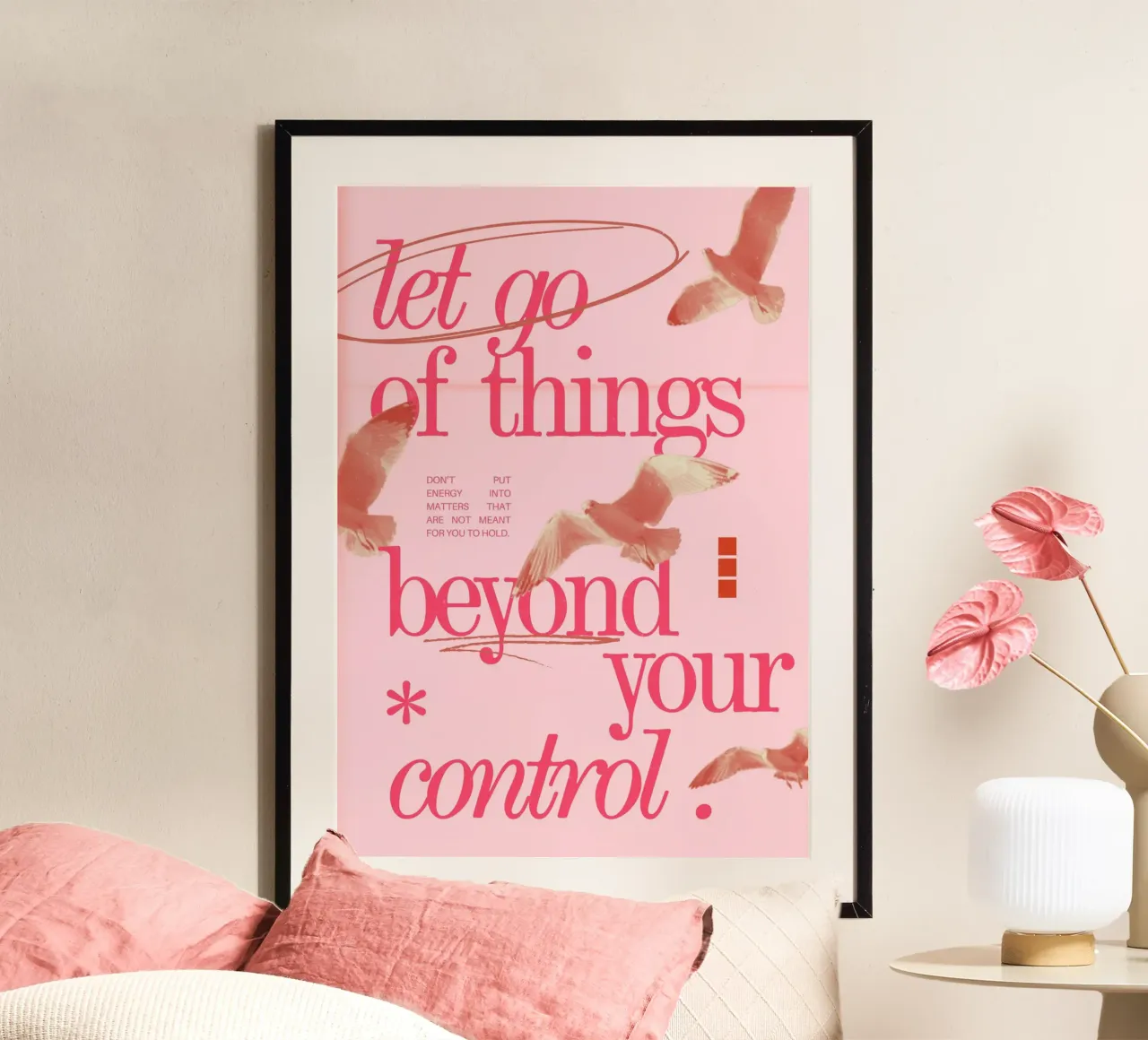 Let Go Control: Minimalist Pink Seagull Art Print hahnemühle by homdeco