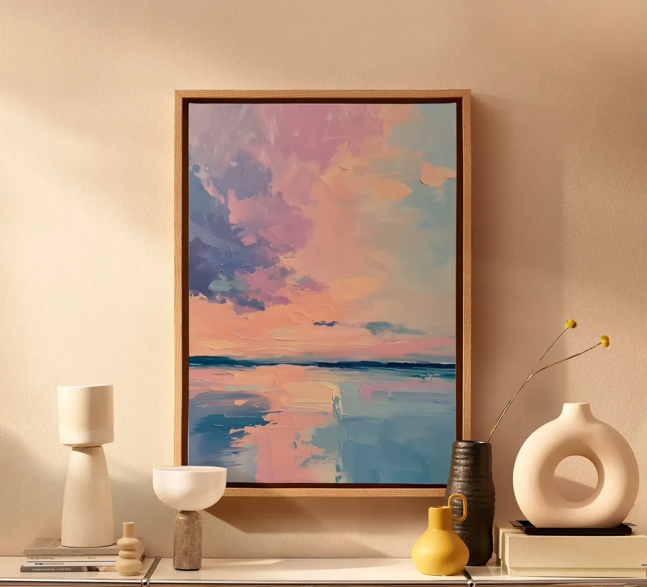 Impasto a pastello del cielo: arte del tramonto sereno tela con Cornice a cassetta da homdeco