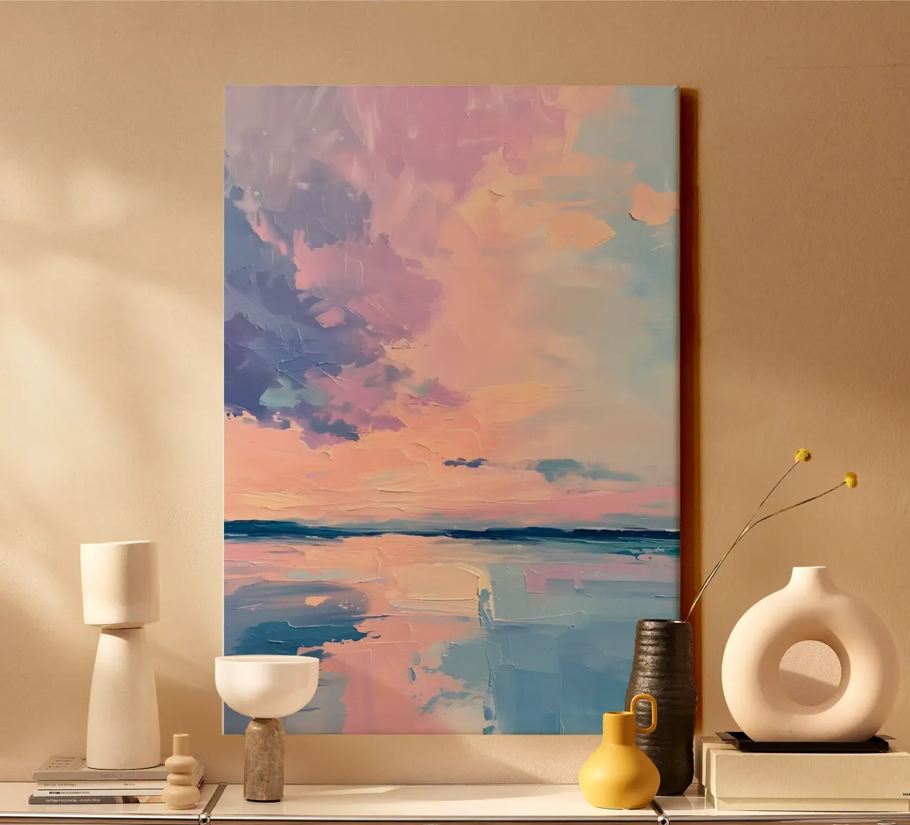 Impasto a pastello del cielo: arte del tramonto sereno tela con Cornice a cassetta da homdeco