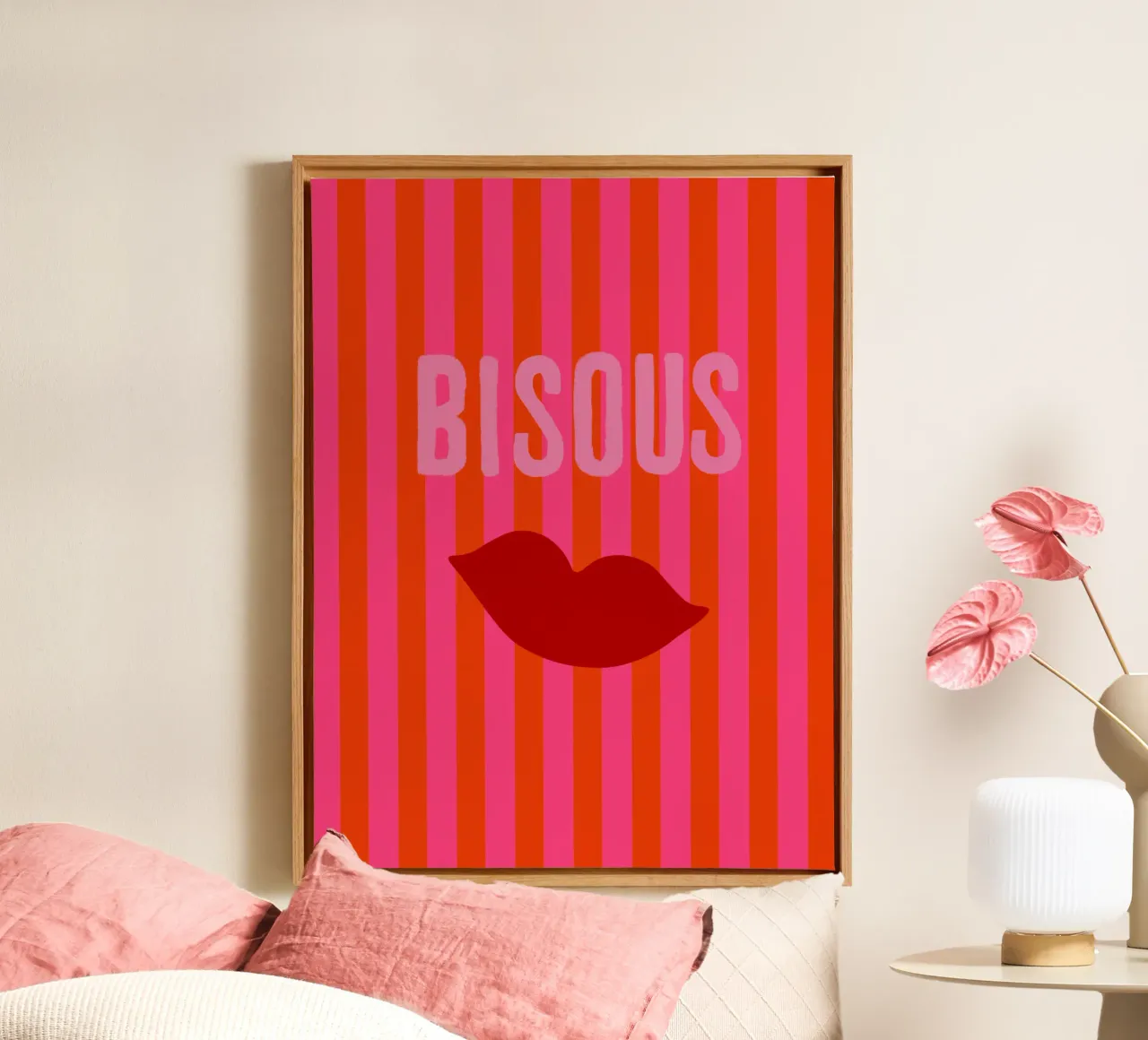 Bisous rosa rosso bacio bocca su strisce tela con Cornice a cassetta da Alisa Knöß