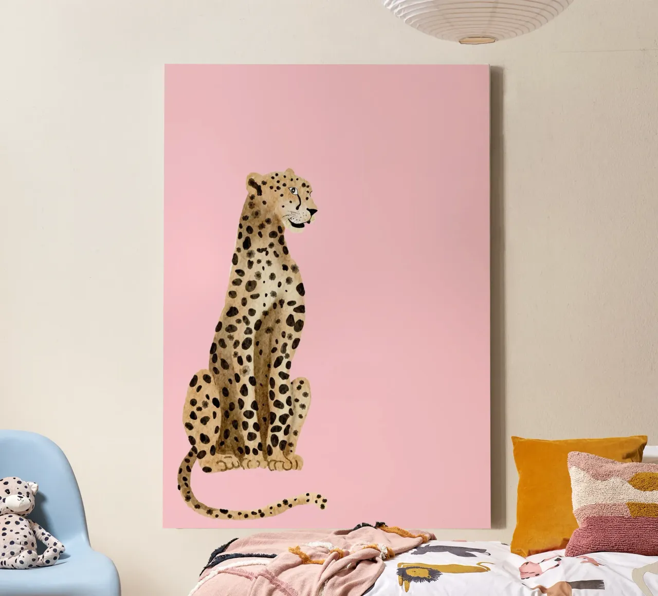 Zittend luipaard: Roze achtergrond dier Art Print canvas met Baklijst van homdeco