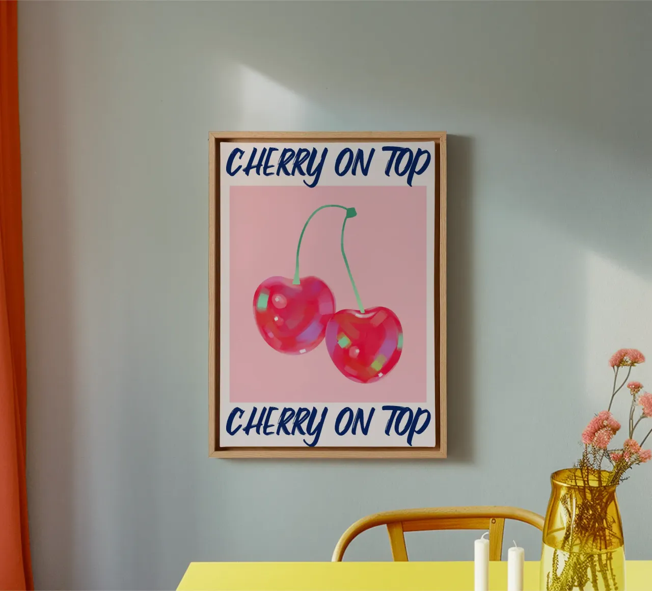 Cherry On Top: Vibrant Pop Art Fruit Print canvas with Floater frame by homdeco