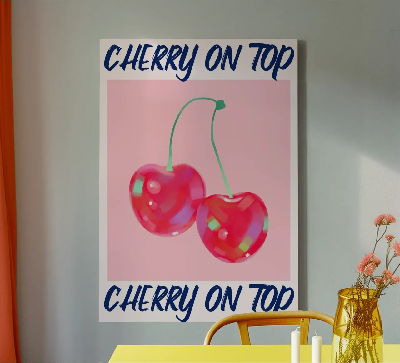 Cherry On Top: Vibrant Pop Art Fruit Print canvas with Floater frame by homdeco