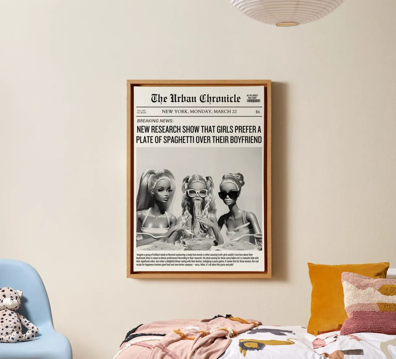"Spaghetti over vriendjes" Humoristische krant Art Print canvas met Baklijst van homdeco