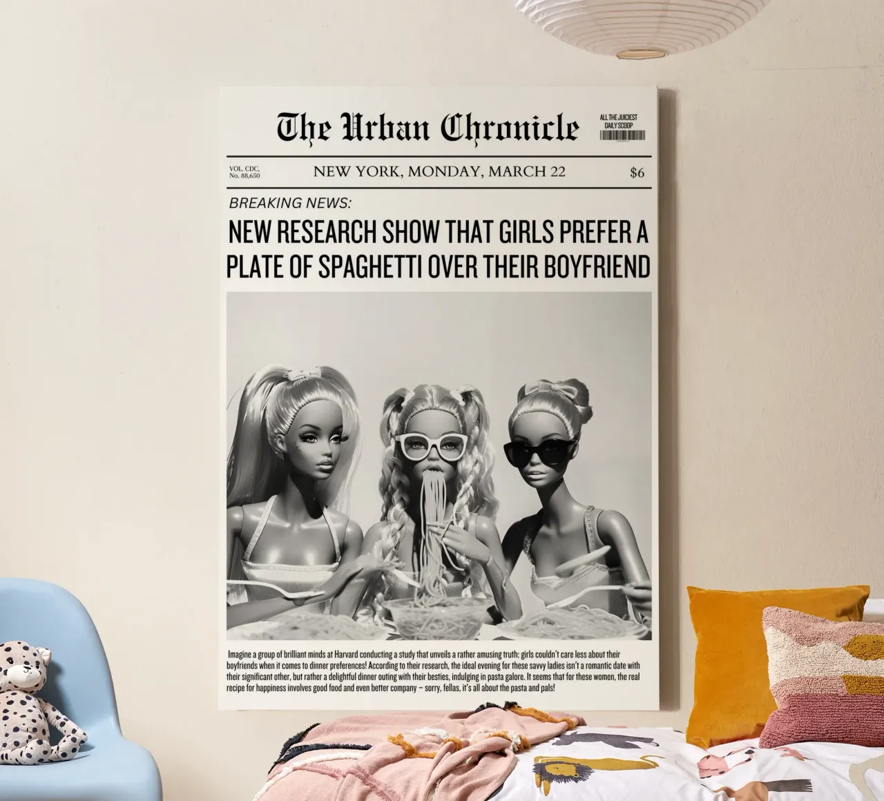 "Spaghetti over vriendjes" Humoristische krant Art Print canvas met Baklijst van homdeco