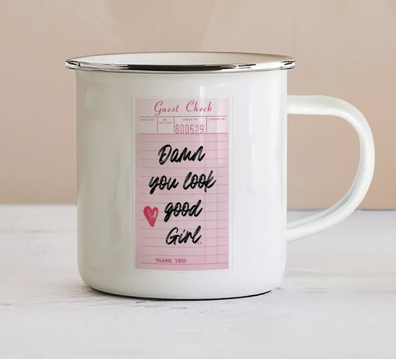 Stampa d'arte con assegno per gli ospiti "Sei proprio una bella ragazza". tazza in smalto da homdeco