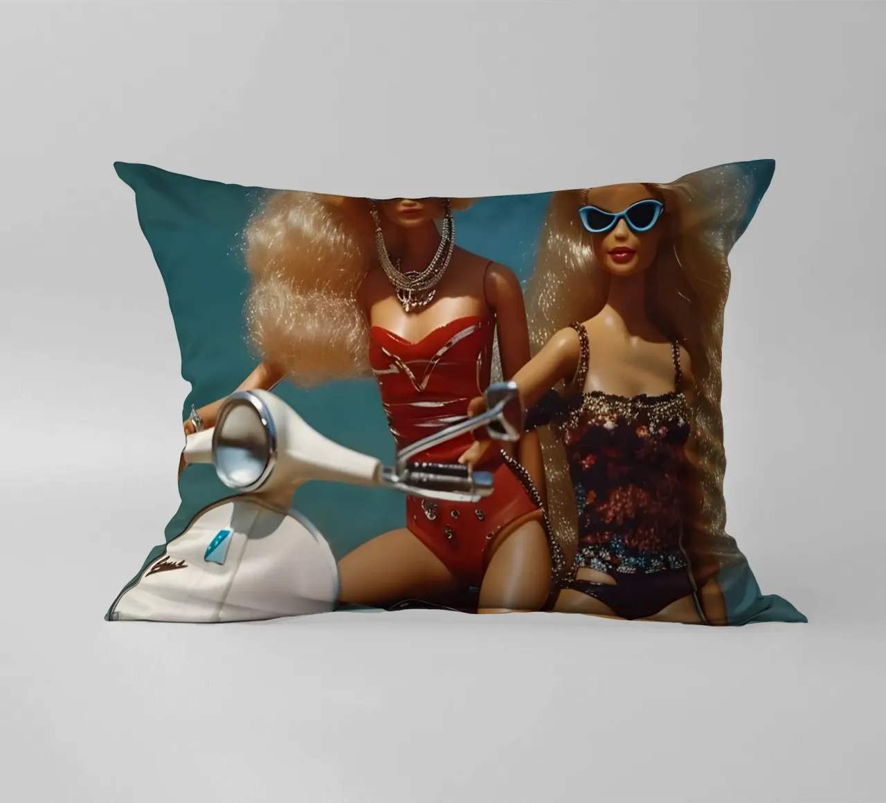 Bambine da spiaggia retrò: Bambole su scooter Summer Vibes cuscino da homdeco