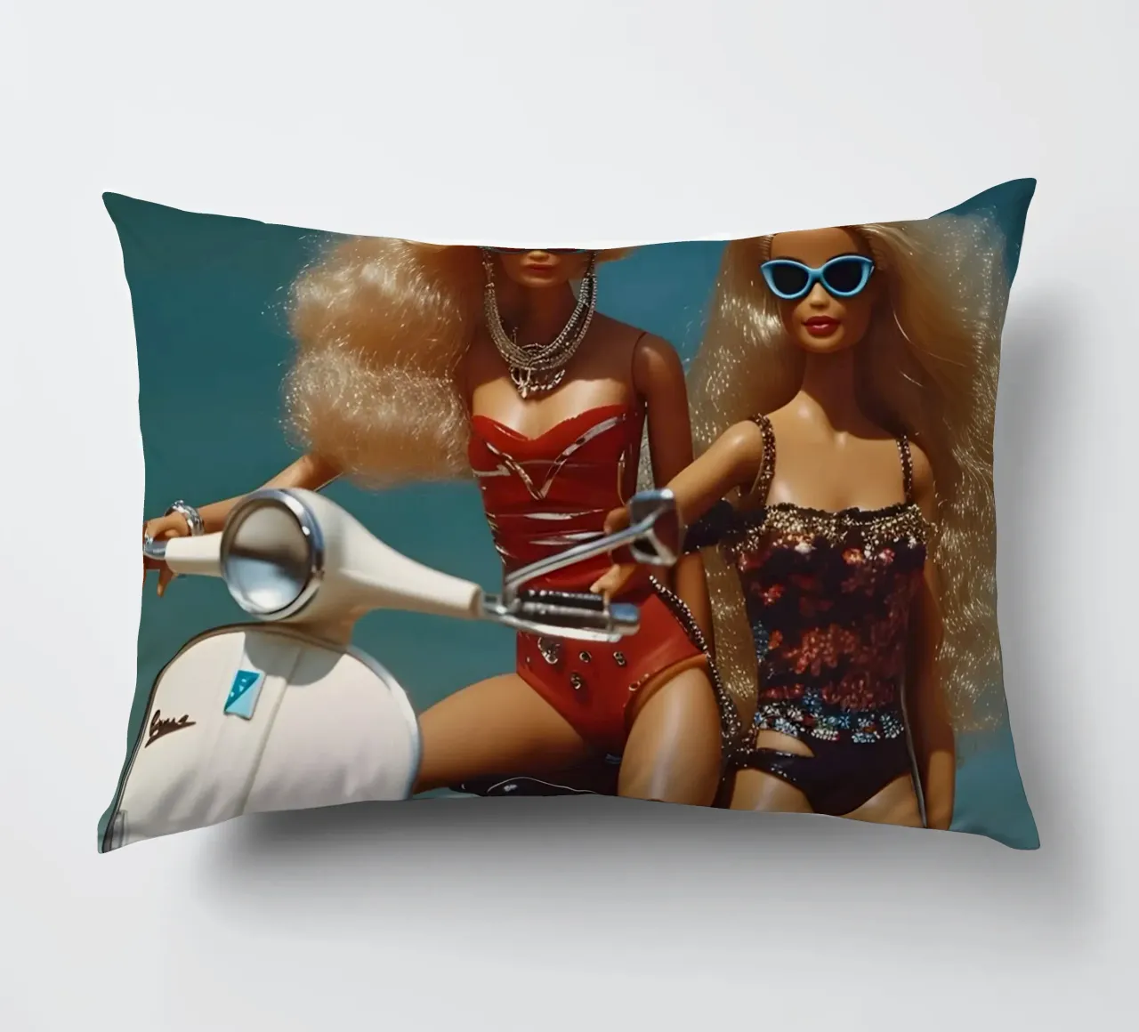 Bambine da spiaggia retrò: Bambole su scooter Summer Vibes cuscino da homdeco