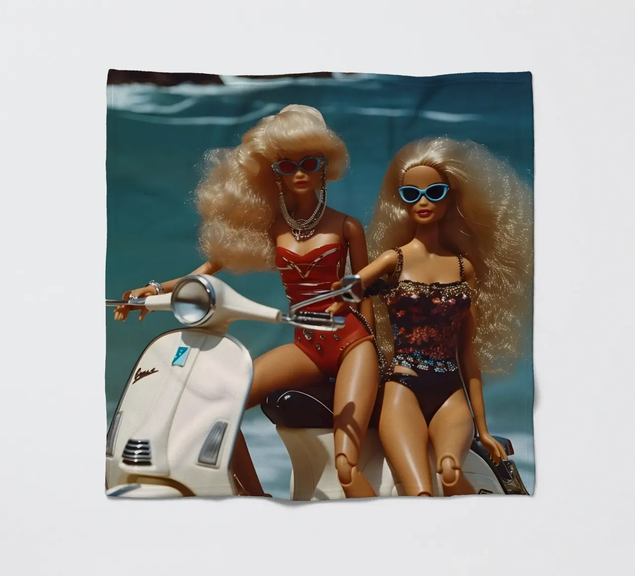Bambine da spiaggia retrò: Bambole su scooter Summer Vibes coperta in pile da homdeco