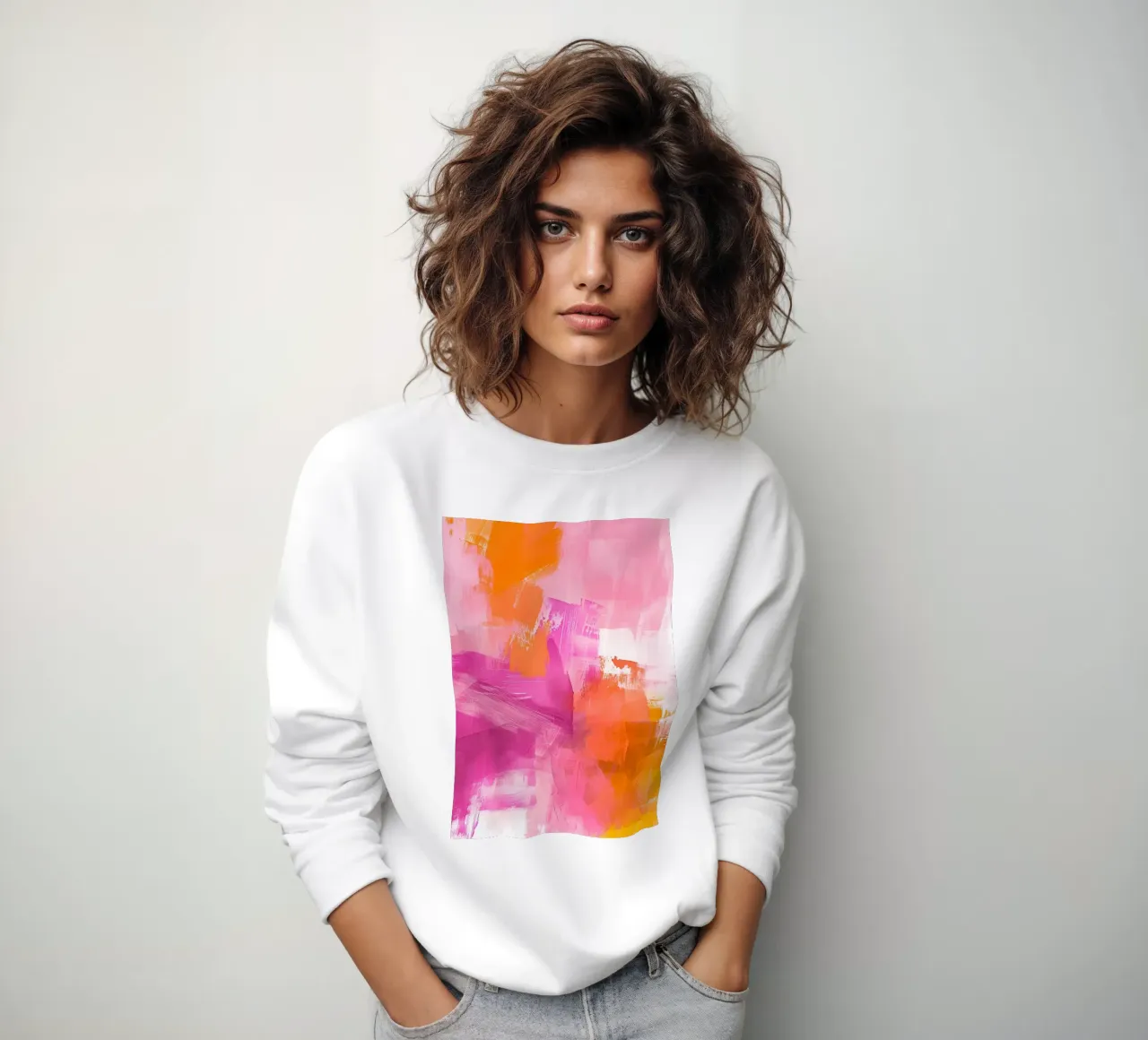 Vet Abstract: Roze & Oranje Energieke Penseelstreken Kunst sweatshirt van homdeco