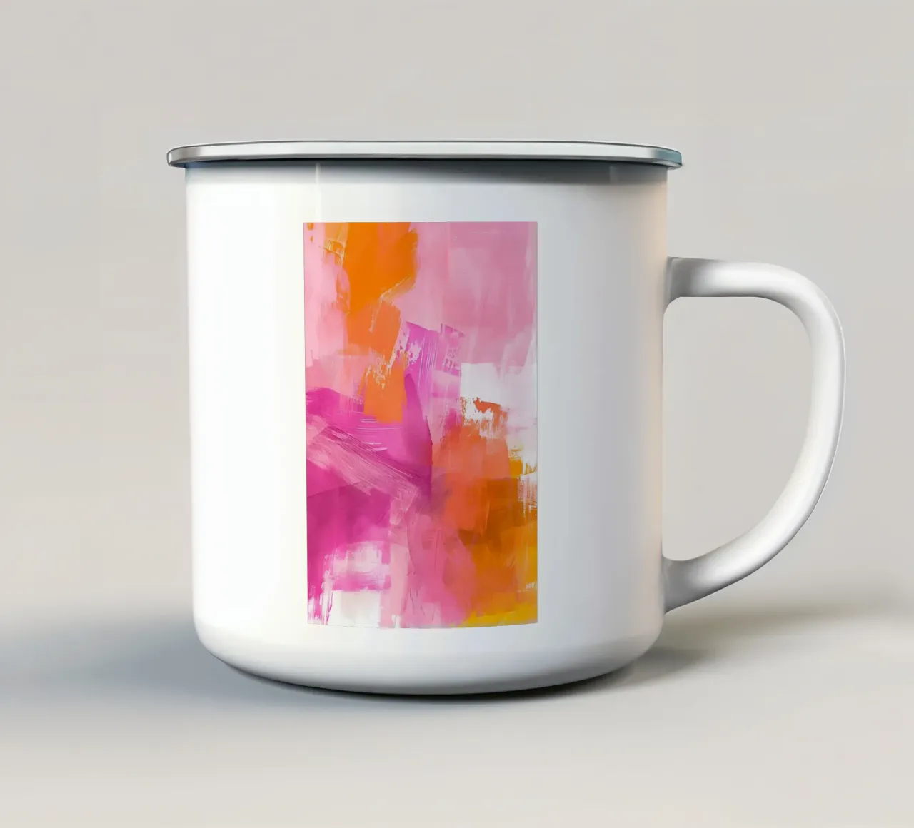 Audace astratto: pennellate energetiche rosa e arancione tazza in smalto da homdeco