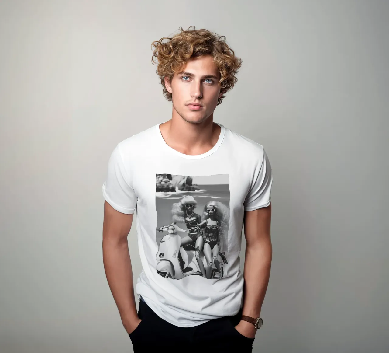 Retro Beach Glam: Bambole su scooter stampa B&N t-shirt da homdeco