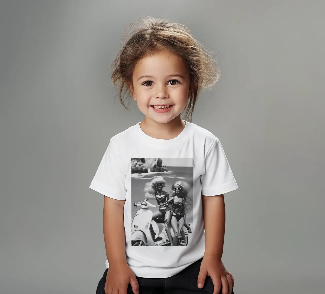 Retro Beach Glam: Dolls on Scooter B&W Print kids t-shirt by homdeco