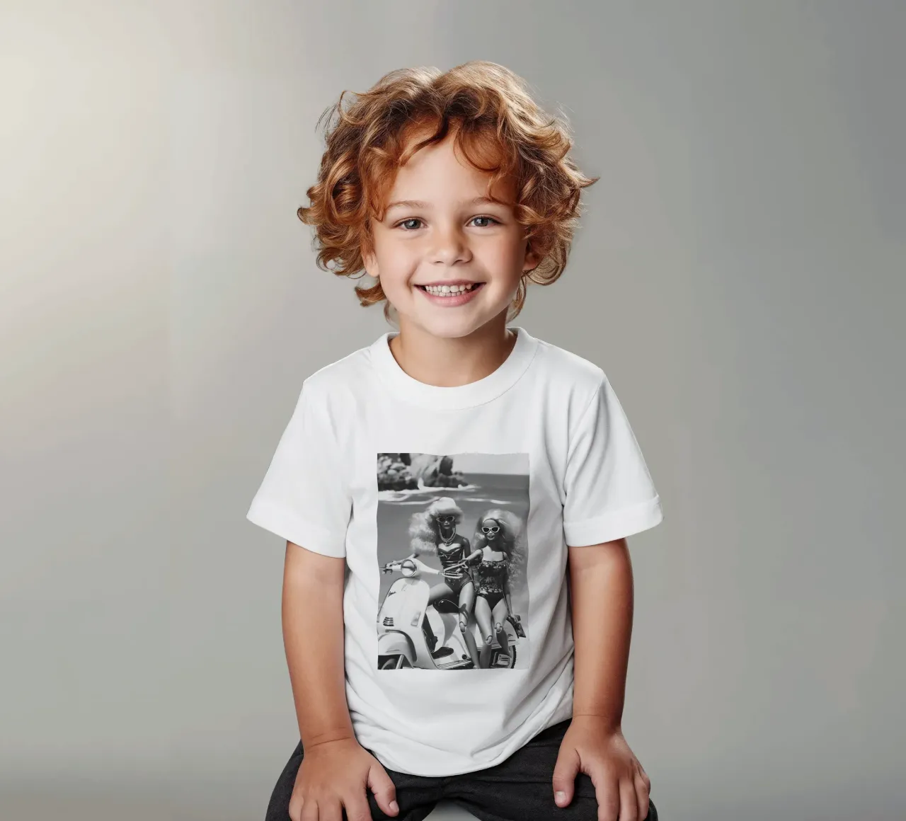 Retro Beach Glam: Dolls on Scooter B&W Print kids t-shirt by homdeco