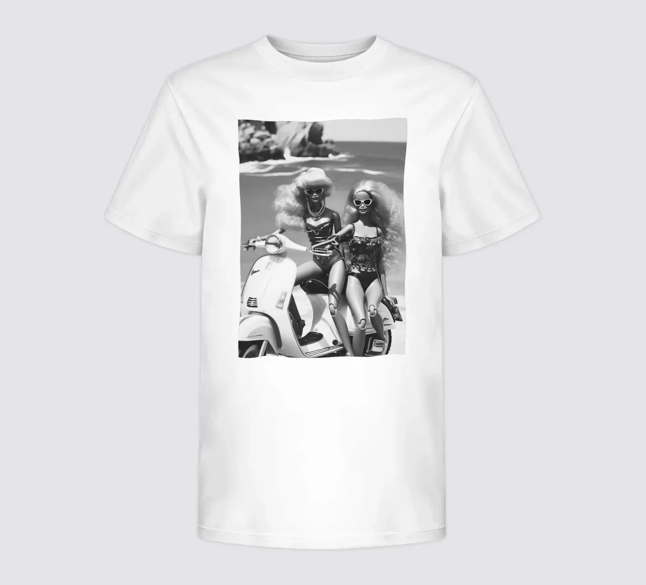 Retro Beach Glam: Dolls on Scooter B&W Print kids t-shirt by homdeco