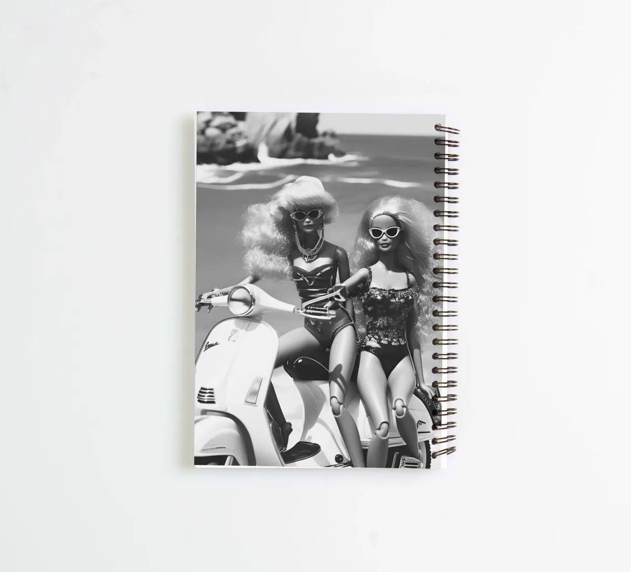 Retro Beach Glam: Dolls on Scooter B&W Print spiral notebook by homdeco