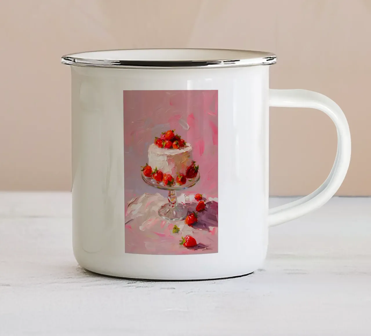 Impressionistische aardbeientaart: Roze Kunstdruk emaille mok van homdeco