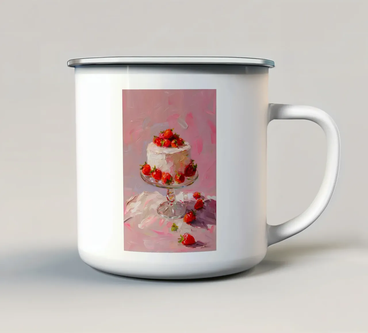 Impressionistische aardbeientaart: Roze Kunstdruk emaille mok van homdeco