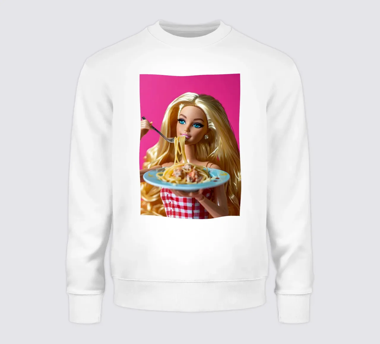 Barbie Enjoying Spaghetti: Pop Art Foodie Print felpa da homdeco