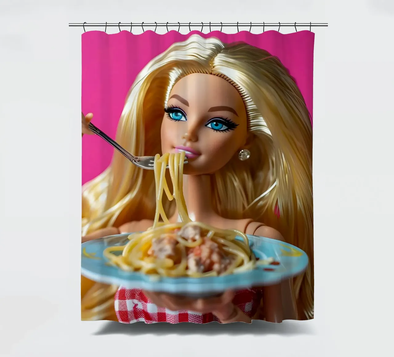 Barbie Enjoying Spaghetti: Pop Art Foodie Print tenda da doccia da homdeco