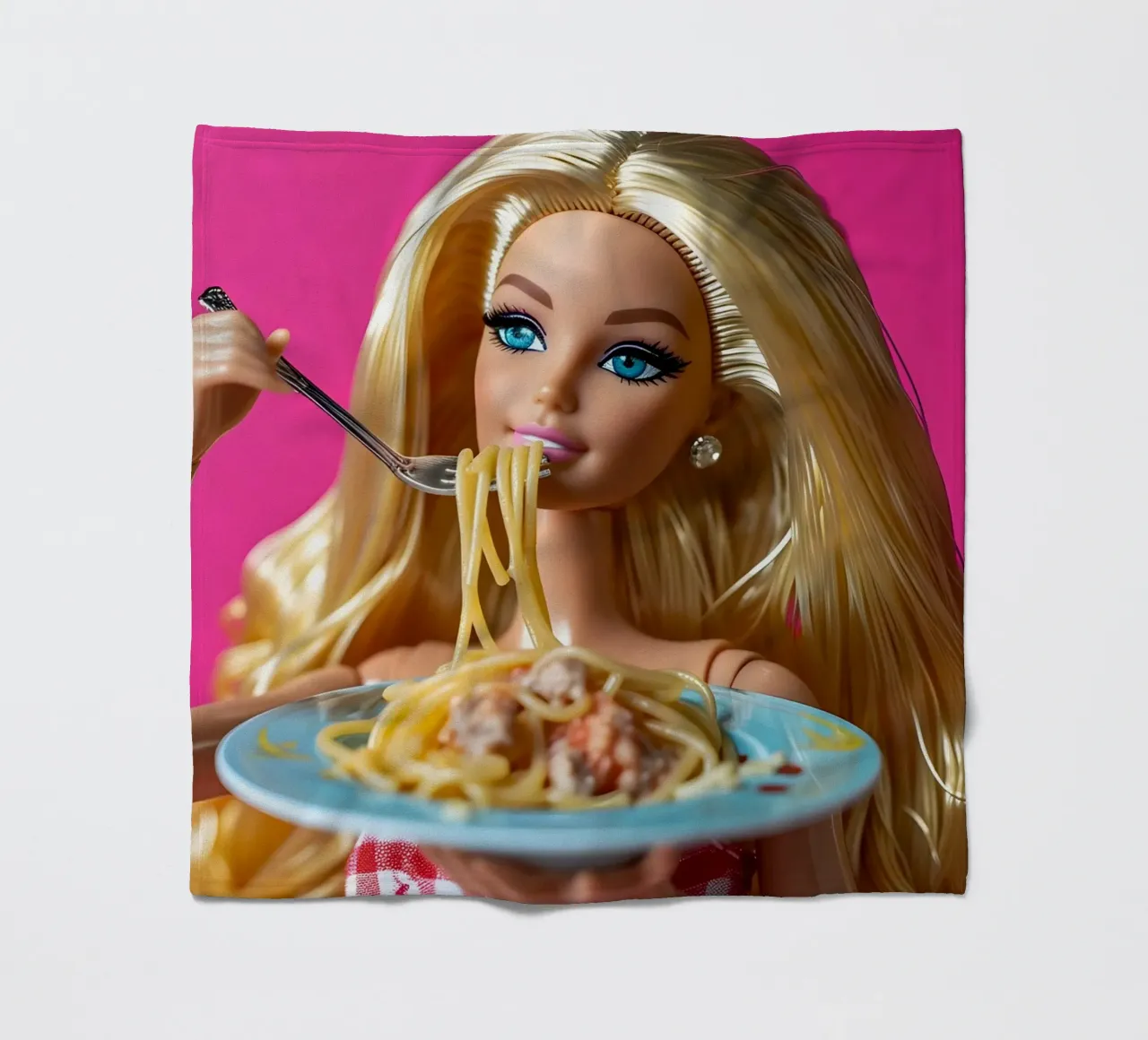 Barbie Enjoying Spaghetti: Pop Art Foodie Print coperta in pile da homdeco
