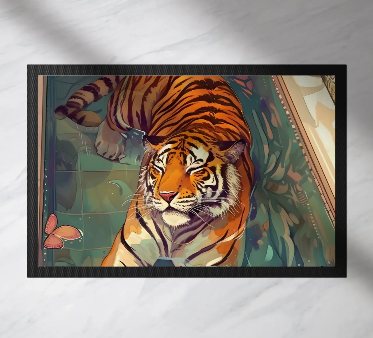 Tiger in Bathtub: Surreal Whimsical Art Print doormat by homdeco