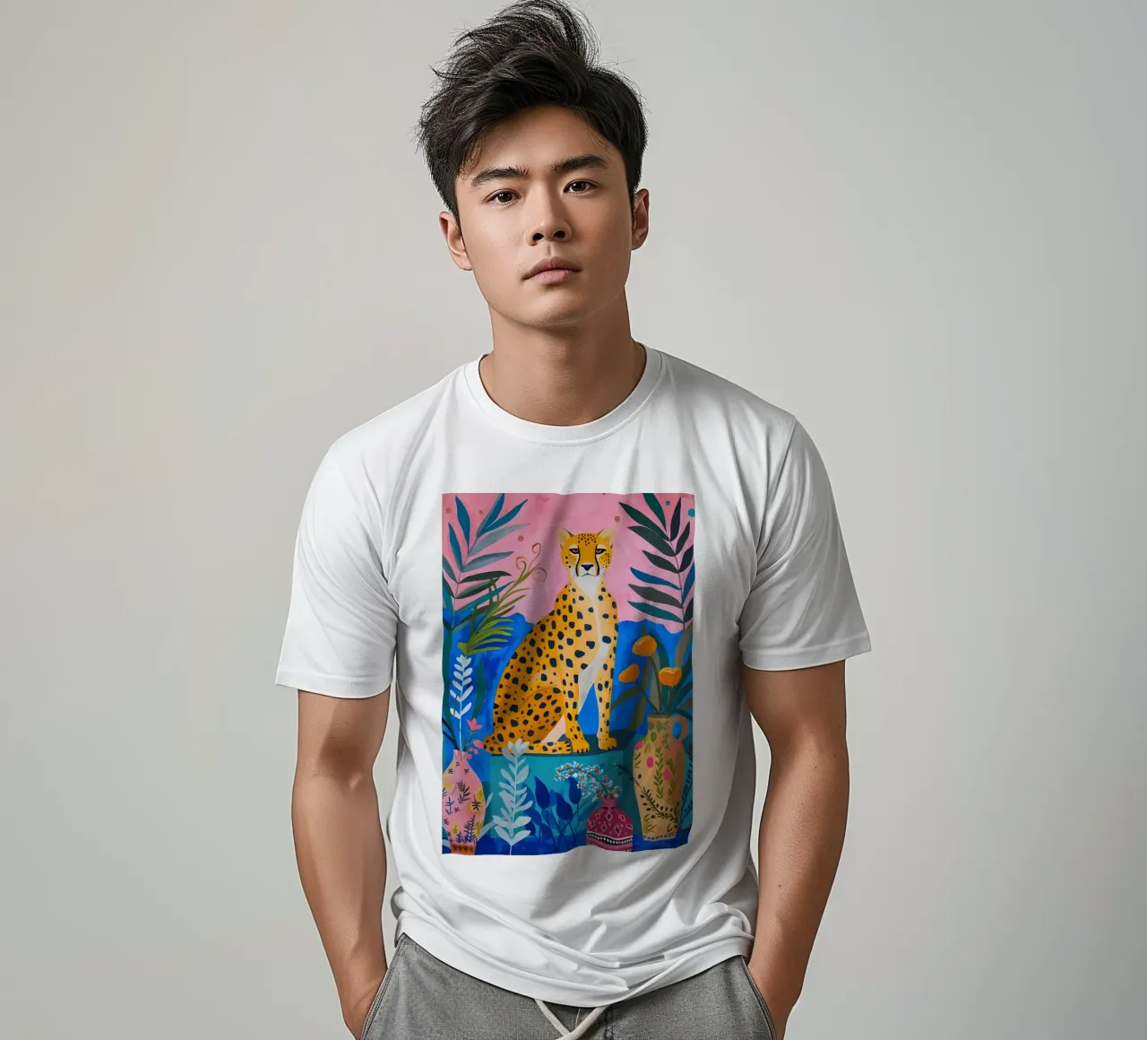 Giungla di ghepardi Boho: Arte animale moderna rosa e blu t-shirt da homdeco