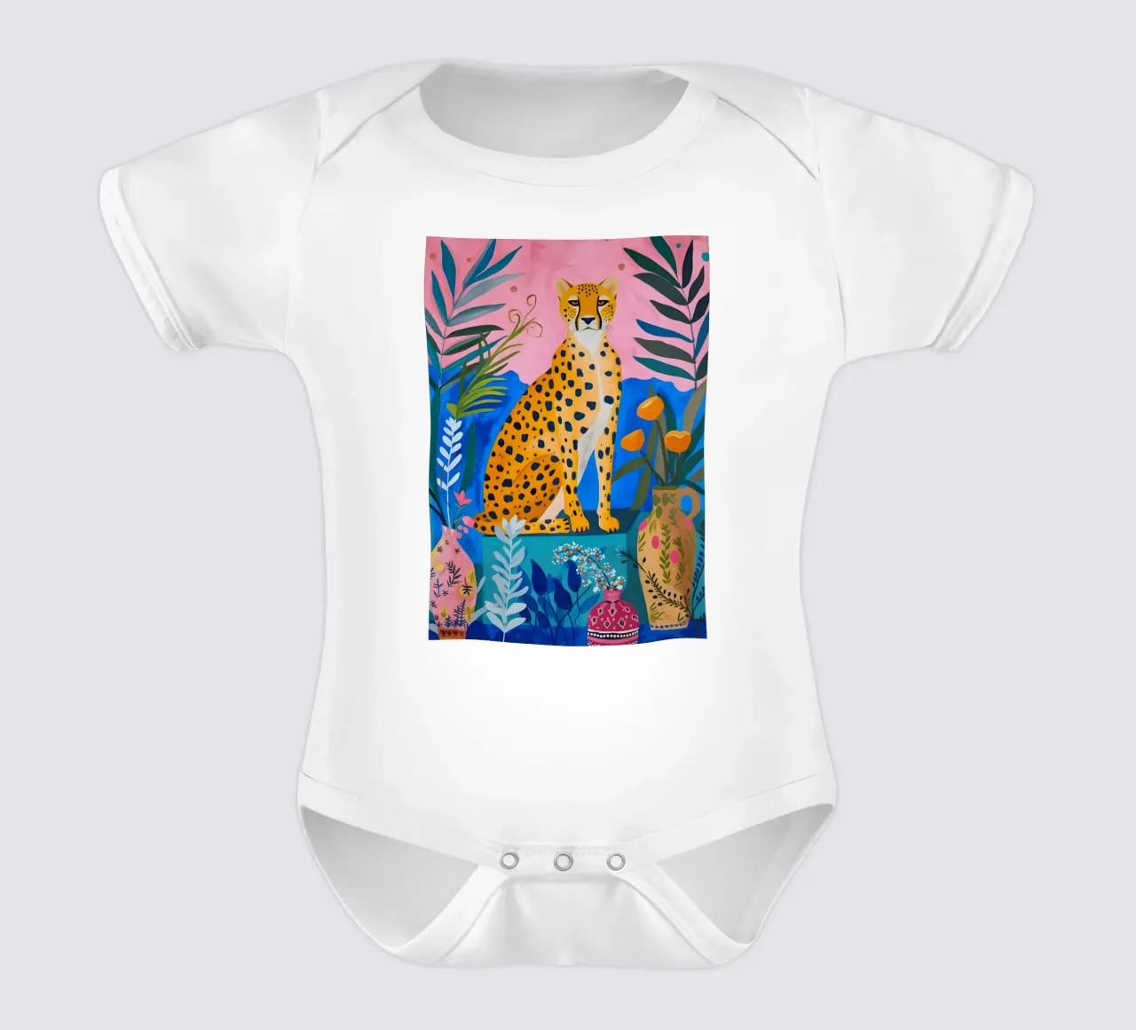 Giungla di ghepardi Boho: Arte animale moderna rosa e blu body neonato maniche corte da homdeco