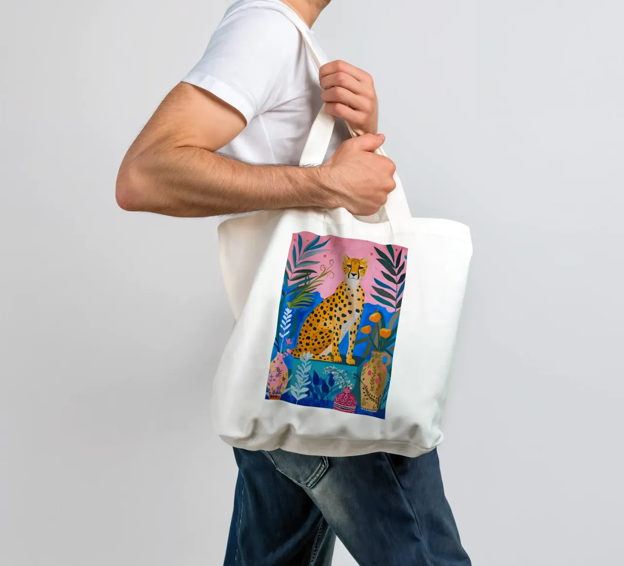 Giungla di ghepardi Boho: Arte animale moderna rosa e blu borsa in juta da homdeco