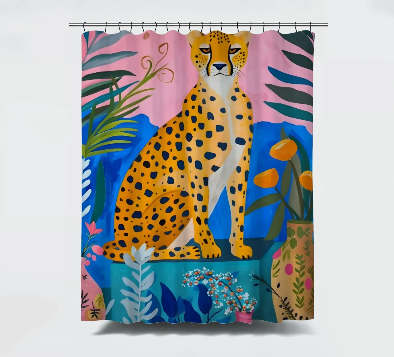 Giungla di ghepardi Boho: Arte animale moderna rosa e blu tenda da doccia da homdeco