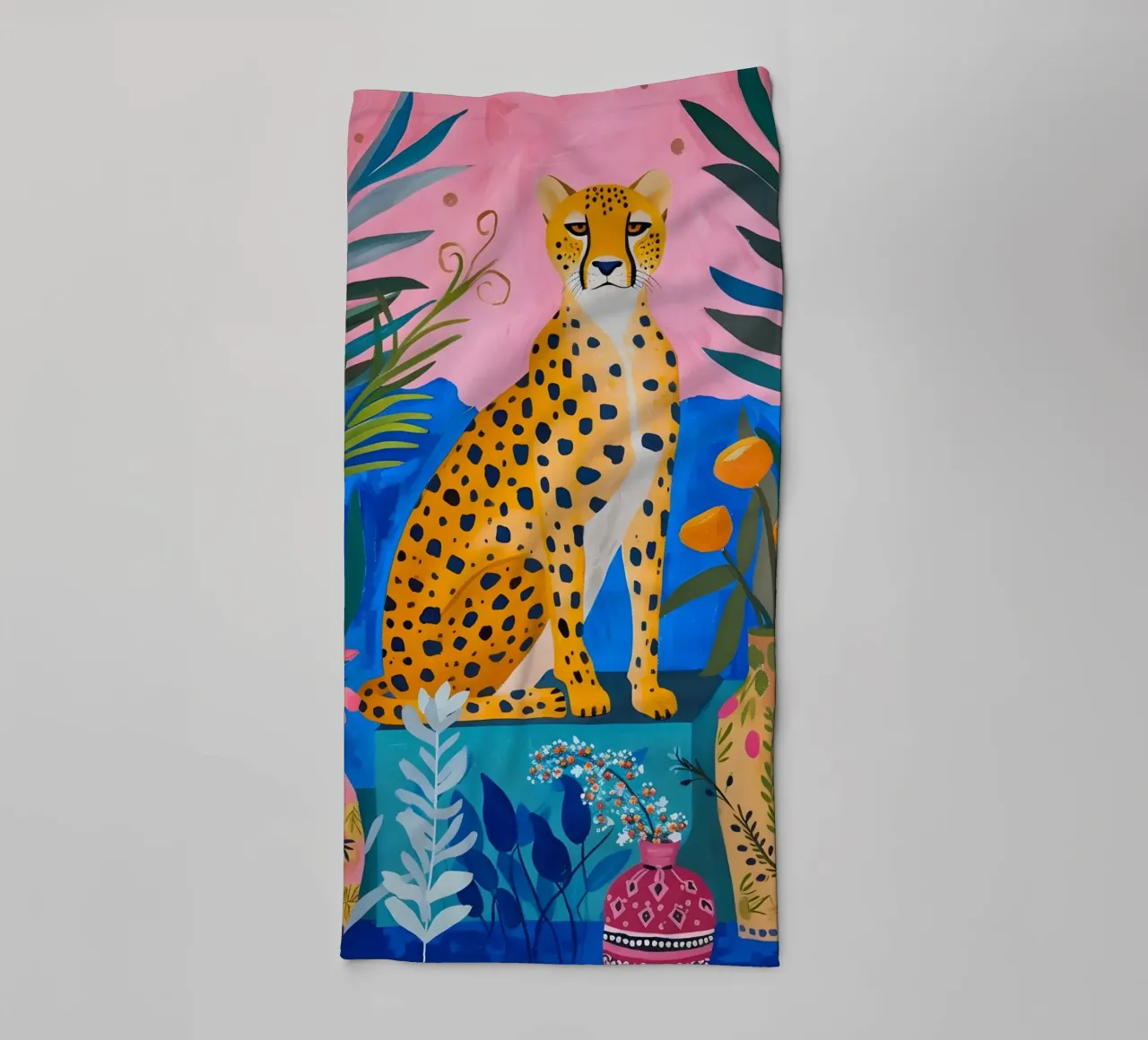 Boho Cheetah Jungle: Pink & Blue Modern Animal Art towel by homdeco