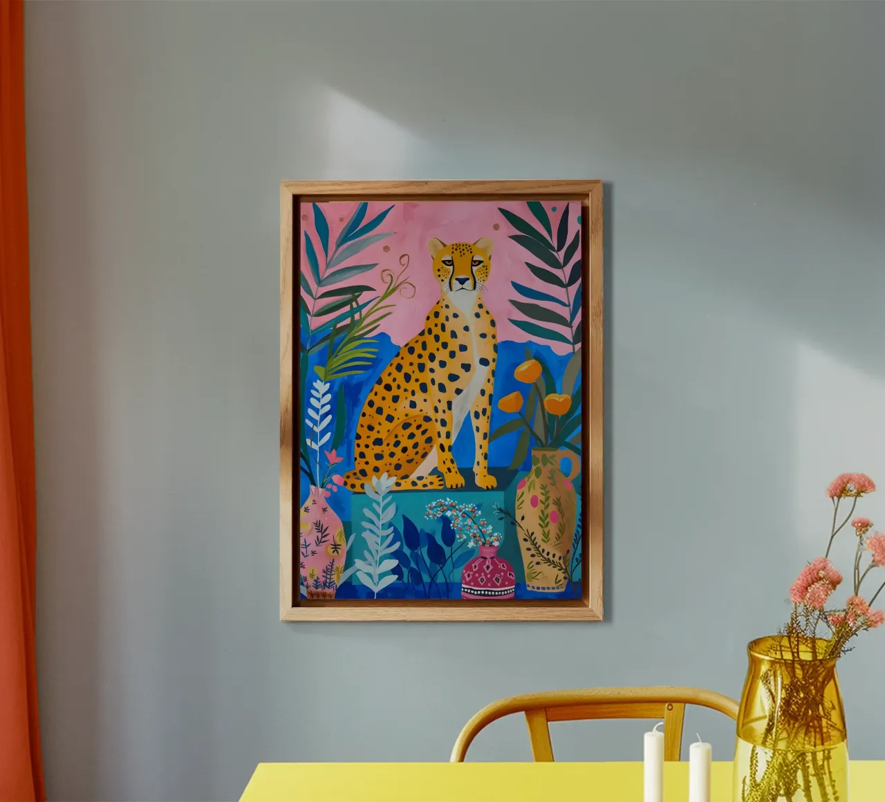 Giungla di ghepardi Boho: Arte animale moderna rosa e blu alluminio dibond da homdeco