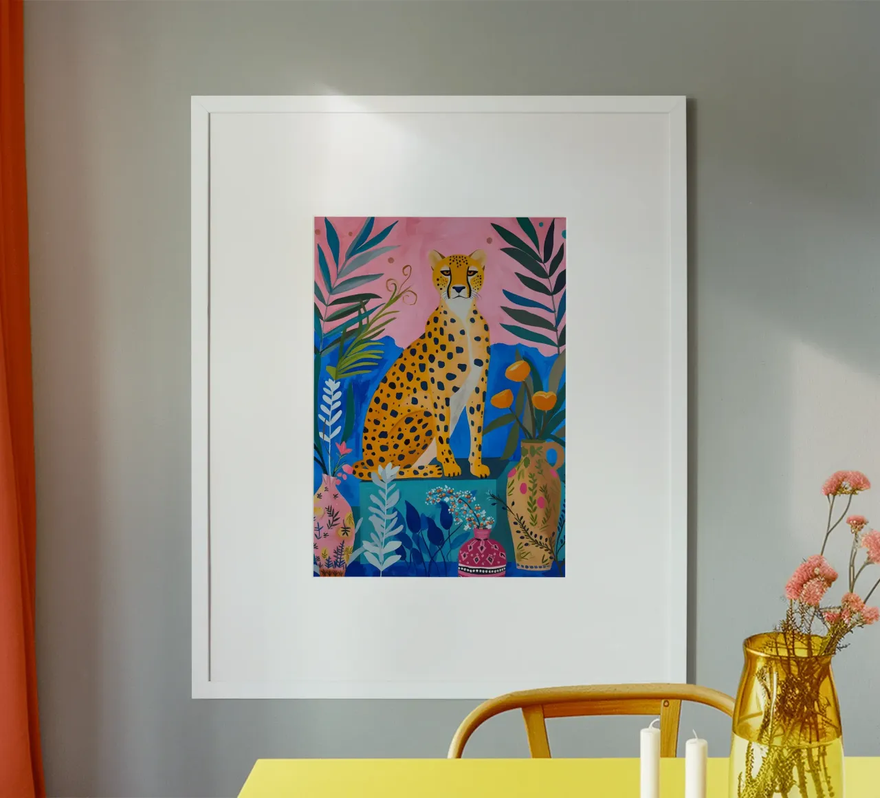 Giungla di ghepardi Boho: Arte animale moderna rosa e blu poster con telaio in plastica da homdeco