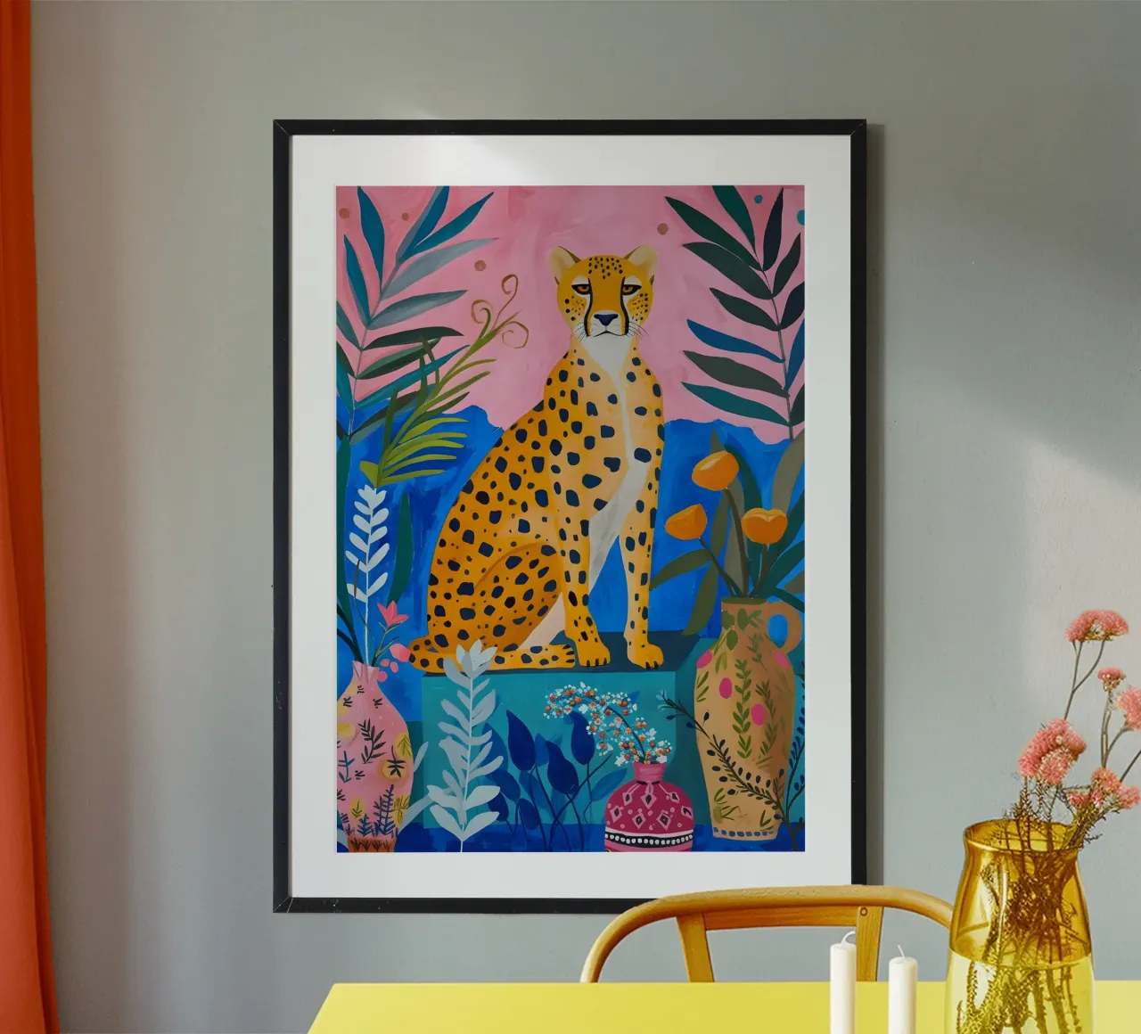 Giungla di ghepardi Boho: Arte animale moderna rosa e blu poster con telaio in plastica da homdeco